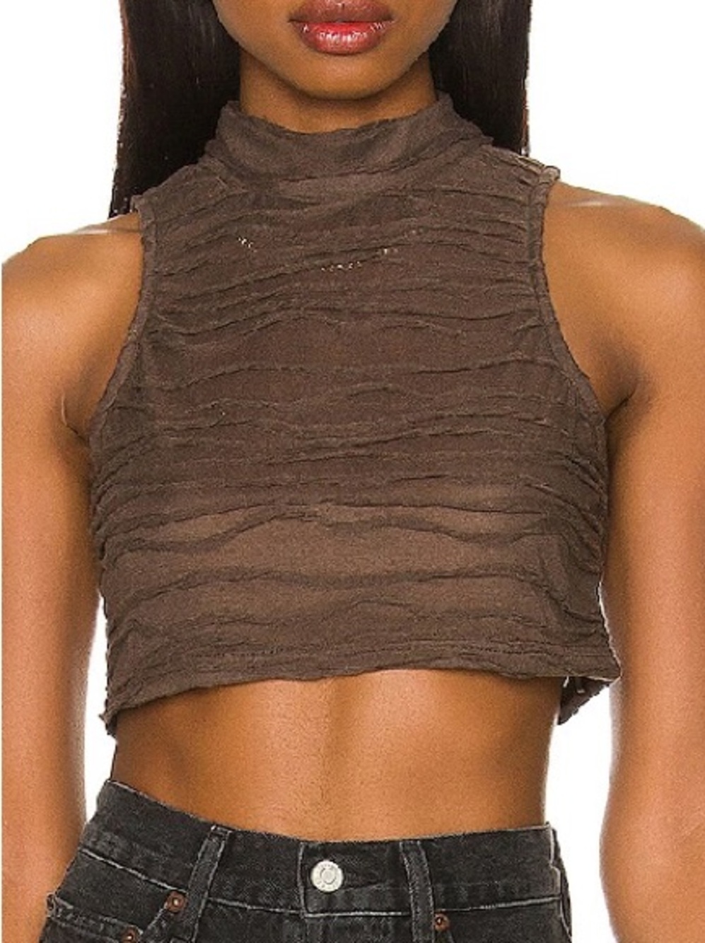 superdown Anastasija Brown Sleeveless Mock Neck Semi Sheer Crop Top | M